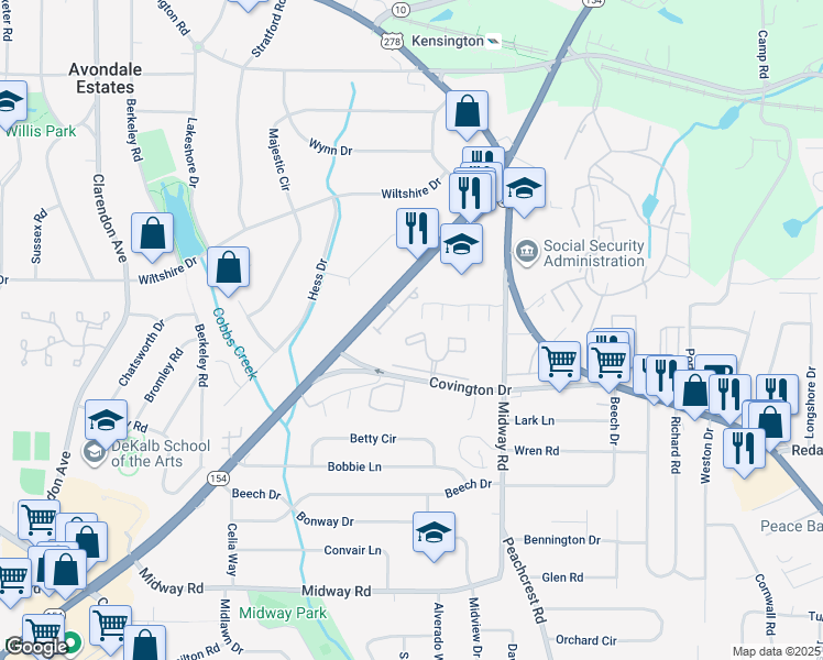 map of restaurants, bars, coffee shops, grocery stores, and more near 3626 Midway Road in Decatur