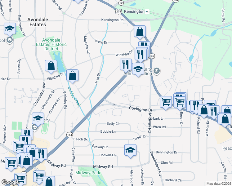 map of restaurants, bars, coffee shops, grocery stores, and more near 1101 North Village Drive in Decatur