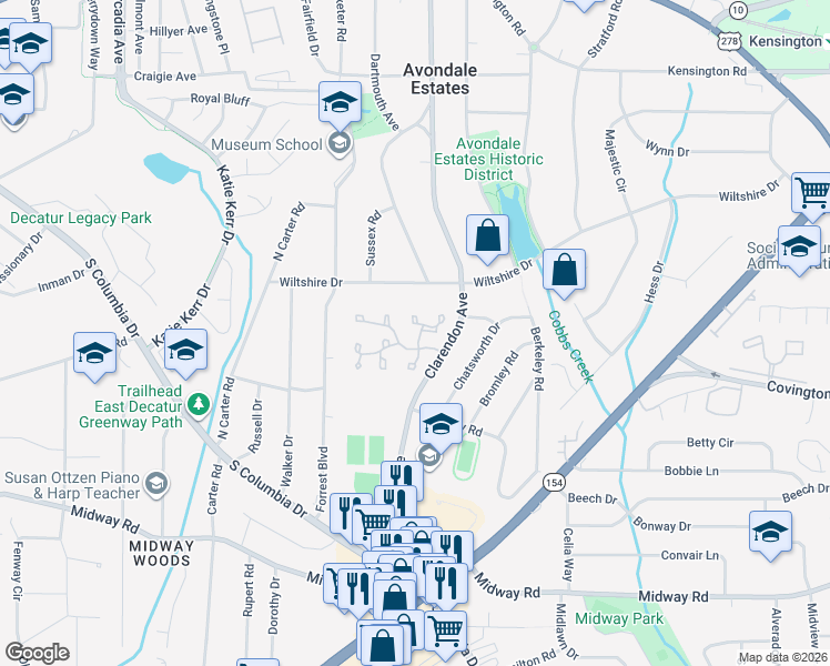 map of restaurants, bars, coffee shops, grocery stores, and more near 14 Sutton Place in Avondale Estates