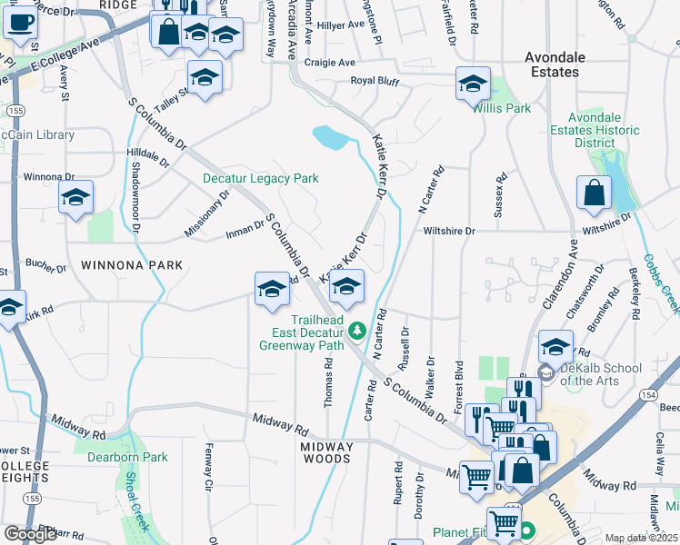 map of restaurants, bars, coffee shops, grocery stores, and more near 1007 Katie Kerr Drive in Decatur
