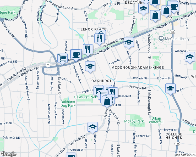 map of restaurants, bars, coffee shops, grocery stores, and more near 206 Mead Road in Decatur