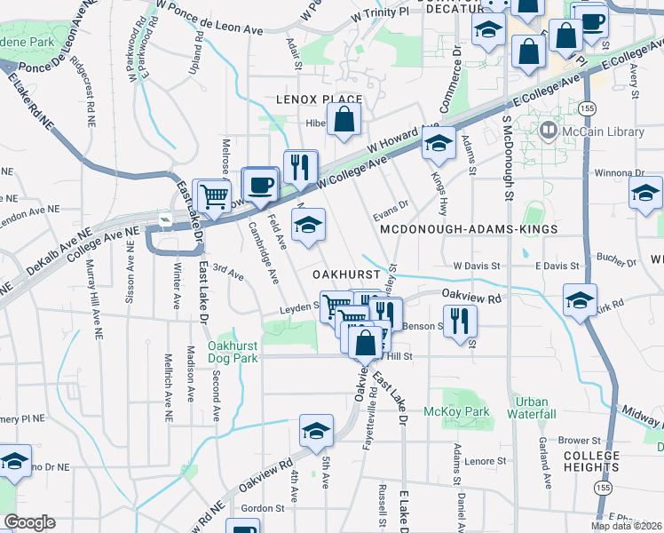 map of restaurants, bars, coffee shops, grocery stores, and more near 205 Olympic Place in Decatur