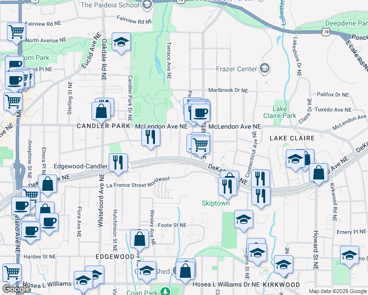 map of restaurants, bars, coffee shops, grocery stores, and more near 329 Glendale Avenue Northeast in Atlanta