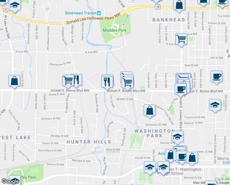 map of restaurants, bars, coffee shops, grocery stores, and more near 1177 Simpson Road Northwest in Atlanta