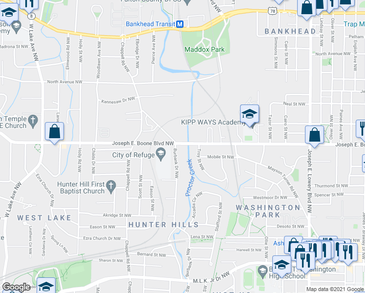 map of restaurants, bars, coffee shops, grocery stores, and more near 1266 Joseph E. Boone Boulevard Northwest in Atlanta