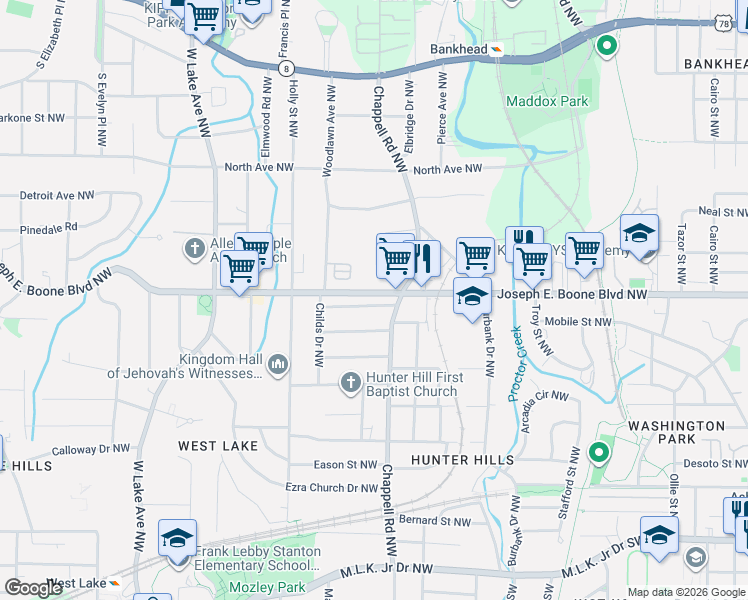 map of restaurants, bars, coffee shops, grocery stores, and more near in Atlanta