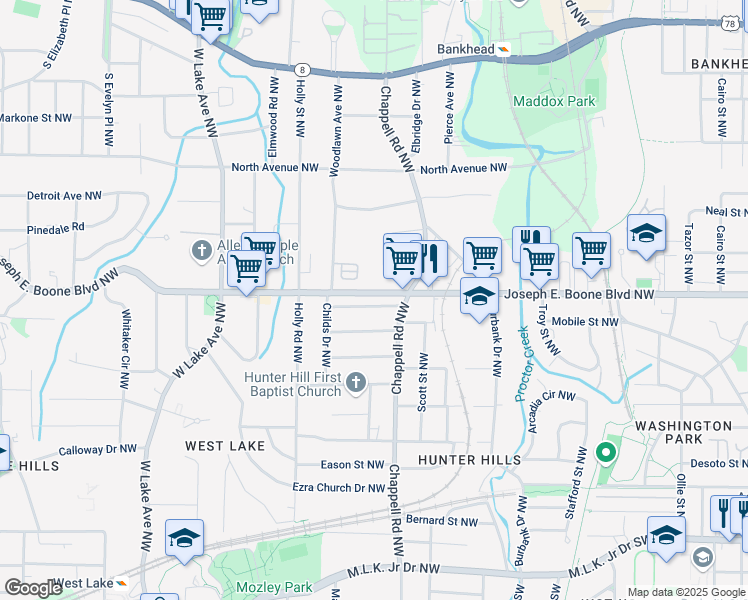 map of restaurants, bars, coffee shops, grocery stores, and more near 1425 Rome Drive Northwest in Atlanta