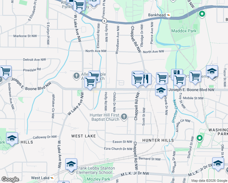 map of restaurants, bars, coffee shops, grocery stores, and more near 80 Joseph E. Boone Boulevard Northwest in Atlanta