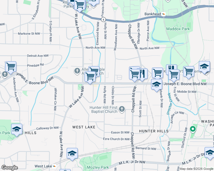 map of restaurants, bars, coffee shops, grocery stores, and more near 1510 Joseph E. Boone Boulevard Northwest in Atlanta