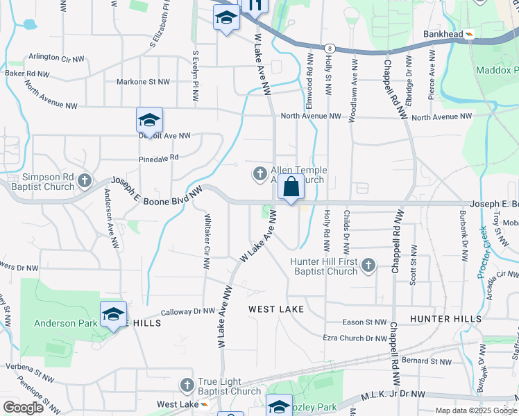 map of restaurants, bars, coffee shops, grocery stores, and more near 1666 Simpson Road Northwest in Atlanta