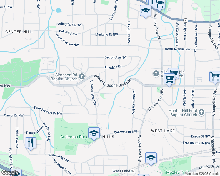 map of restaurants, bars, coffee shops, grocery stores, and more near 1876 Joseph E. Boone Boulevard Northwest in Atlanta