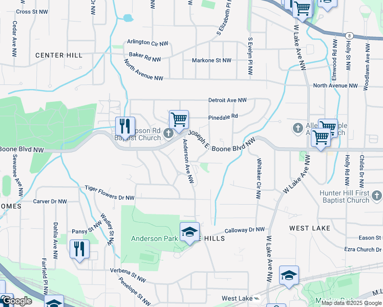 map of restaurants, bars, coffee shops, grocery stores, and more near 303 Anderson Avenue Northwest in Atlanta