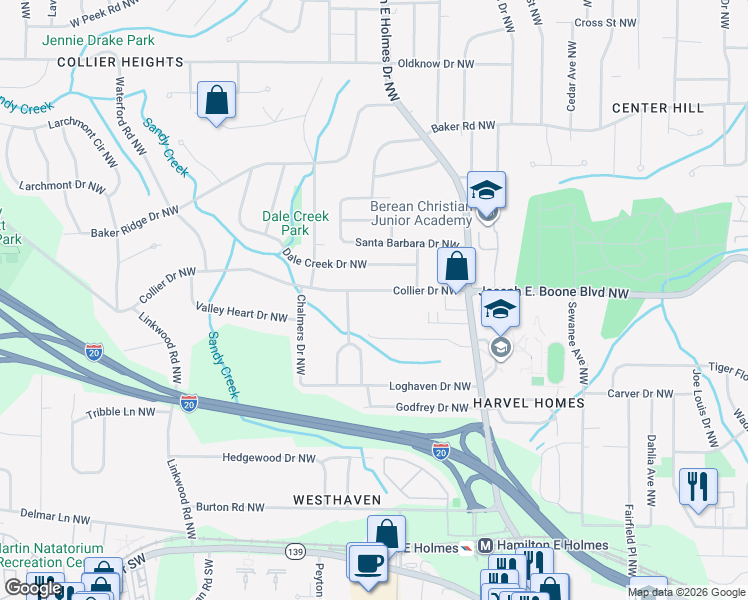 map of restaurants, bars, coffee shops, grocery stores, and more near 2636 Collier Drive Northwest in Atlanta