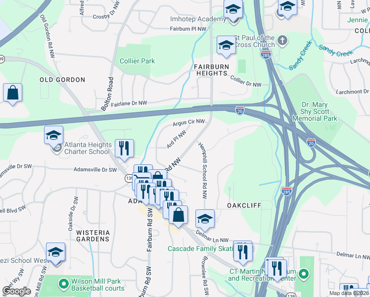 map of restaurants, bars, coffee shops, grocery stores, and more near 290 Fairburn Road Northwest in Atlanta