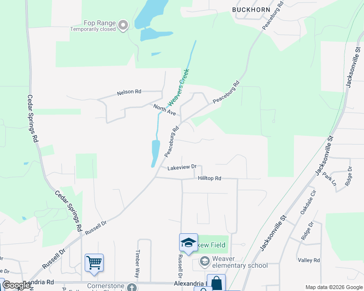map of restaurants, bars, coffee shops, grocery stores, and more near 1425 Peaceburg Road in Weaver