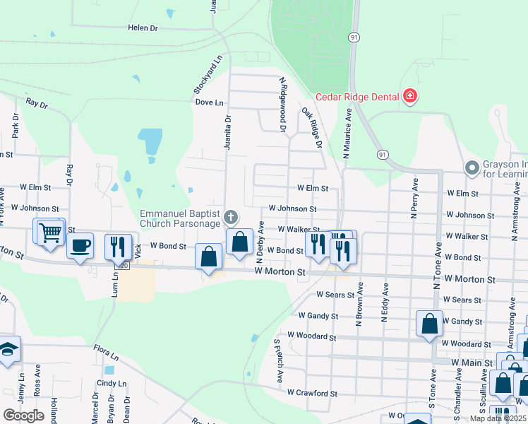 map of restaurants, bars, coffee shops, grocery stores, and more near 1722 West Johnson Street in Denison