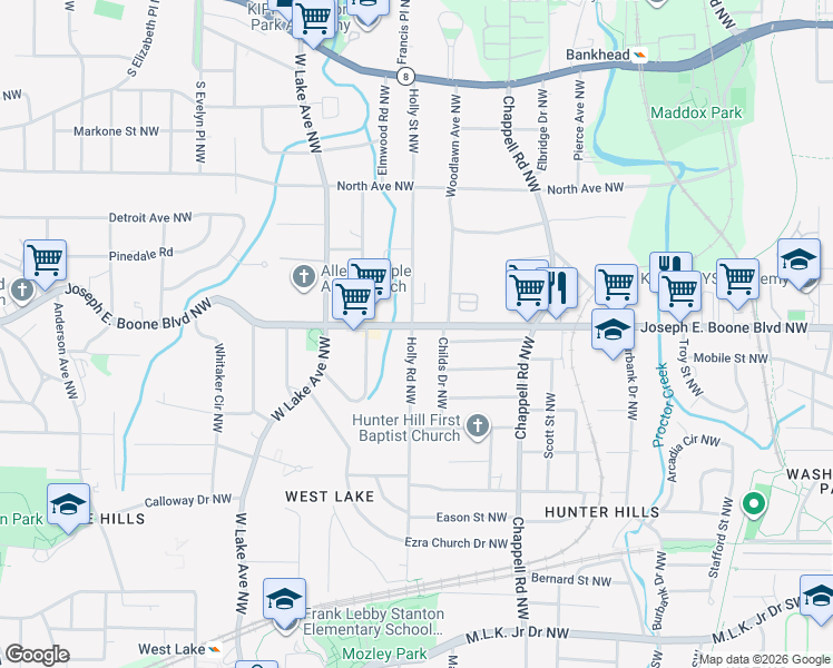 map of restaurants, bars, coffee shops, grocery stores, and more near 294 Holly Road Northwest in Atlanta