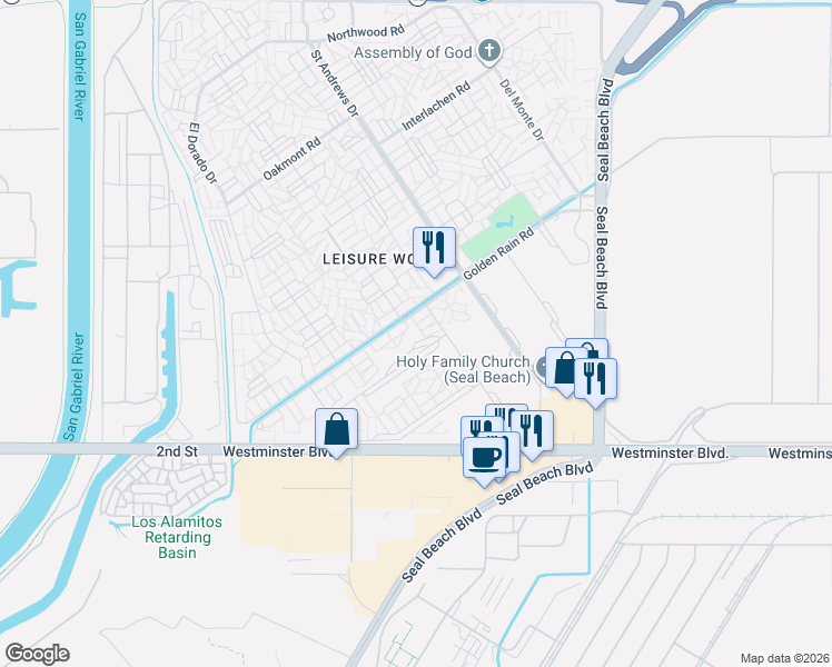 map of restaurants, bars, coffee shops, grocery stores, and more near 1502 Golden Rain Road in Seal Beach