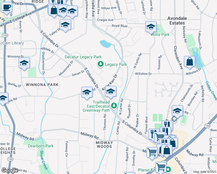 map of restaurants, bars, coffee shops, grocery stores, and more near 1007 Katie Kerr Drive in Decatur