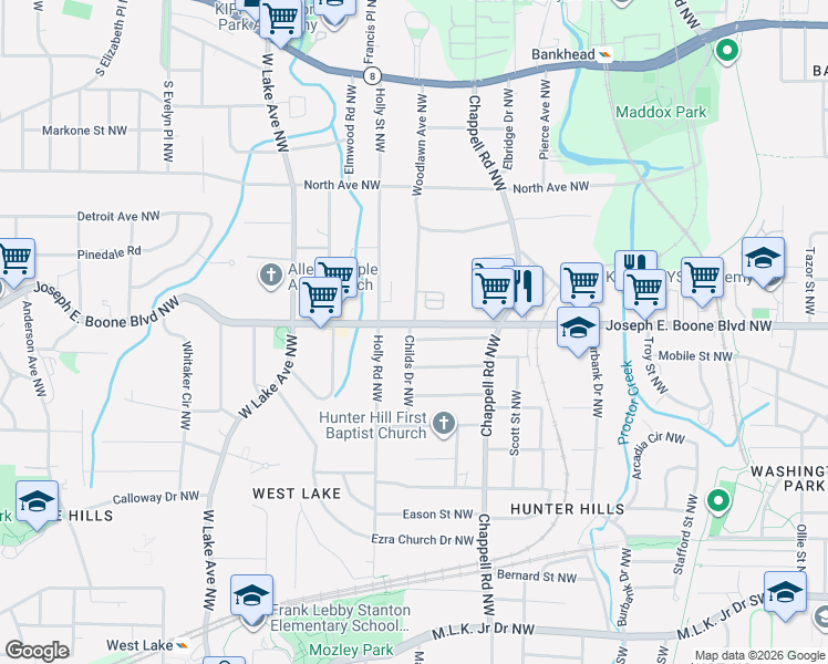map of restaurants, bars, coffee shops, grocery stores, and more near 80 Joseph E. Boone Boulevard Northwest in Atlanta