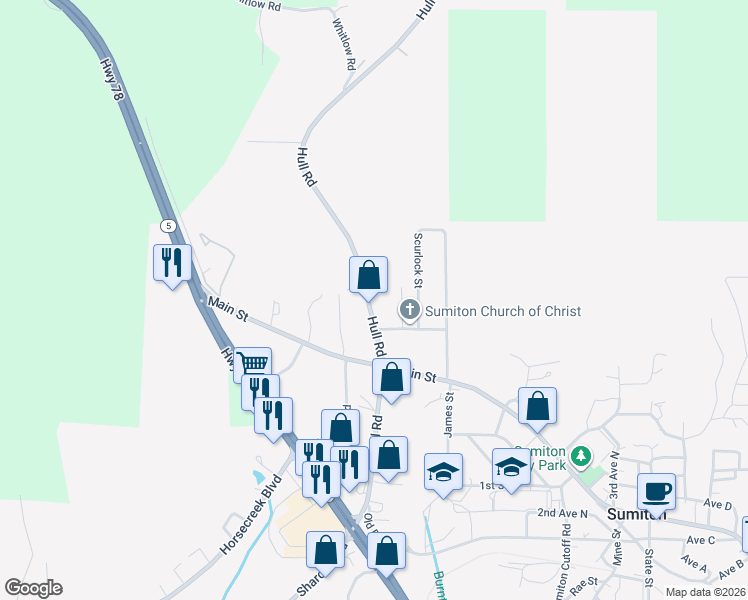 map of restaurants, bars, coffee shops, grocery stores, and more near 570 Hull Road in Sumiton