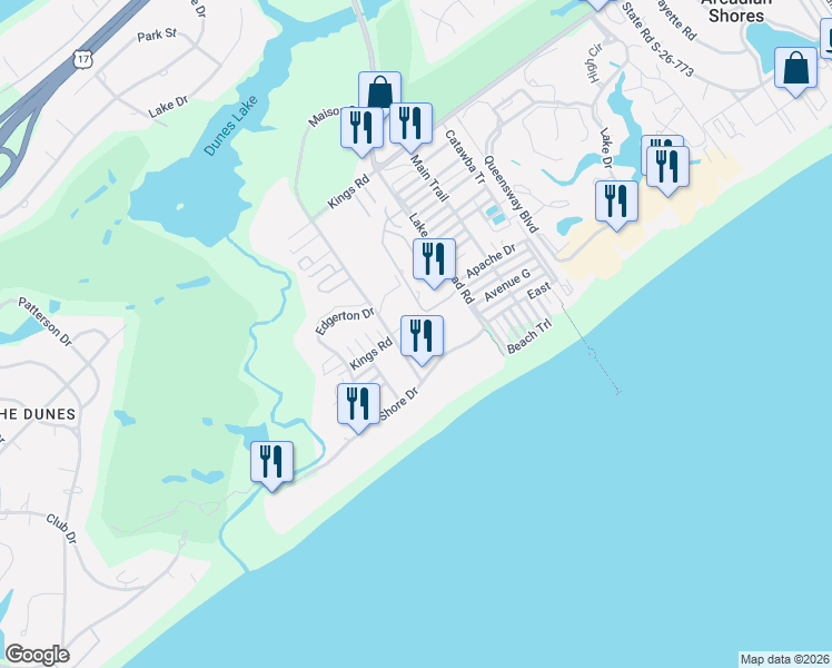 map of restaurants, bars, coffee shops, grocery stores, and more near 202 Maison Drive in Myrtle Beach