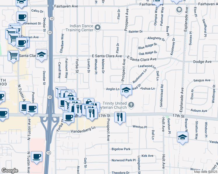 map of restaurants, bars, coffee shops, grocery stores, and more near 17691 Anglin Lane in Tustin