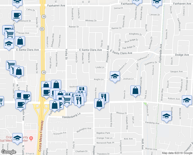map of restaurants, bars, coffee shops, grocery stores, and more near 17691 Anglin Lane in Tustin