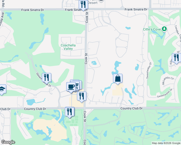 map of restaurants, bars, coffee shops, grocery stores, and more near 726 Vista Lago Drive North in Palm Desert