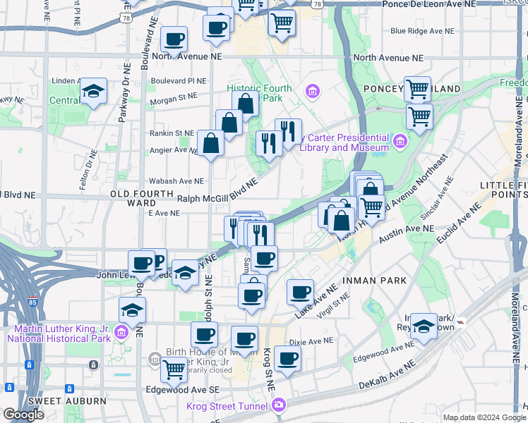 map of restaurants, bars, coffee shops, grocery stores, and more near 694 East Avenue Northeast in Atlanta