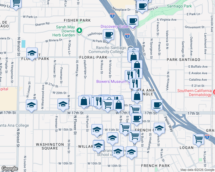 map of restaurants, bars, coffee shops, grocery stores, and more near 2020 North Victoria Drive in Santa Ana