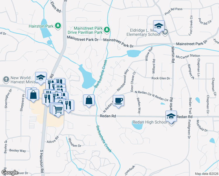 map of restaurants, bars, coffee shops, grocery stores, and more near 1085 Parkwest Court in Stone Mountain