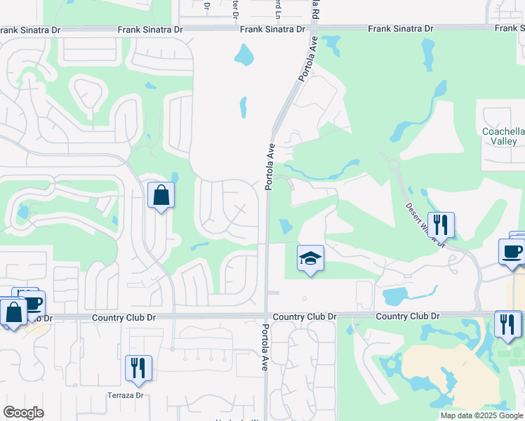 map of restaurants, bars, coffee shops, grocery stores, and more near 39260 Desert Greens Drive East in Palm Desert
