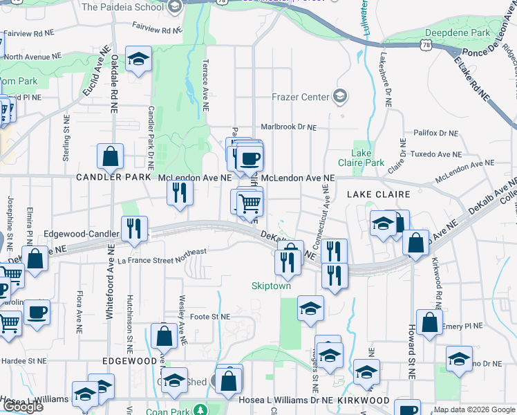 map of restaurants, bars, coffee shops, grocery stores, and more near 337 Clifton Road Northeast in Atlanta