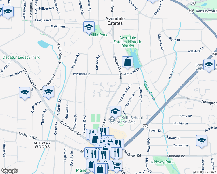 map of restaurants, bars, coffee shops, grocery stores, and more near 14 Sutton Place in Avondale Estates