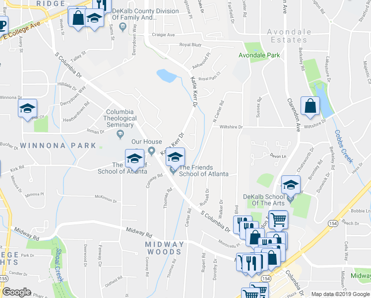 map of restaurants, bars, coffee shops, grocery stores, and more near 1104 Ashbury Drive in Decatur