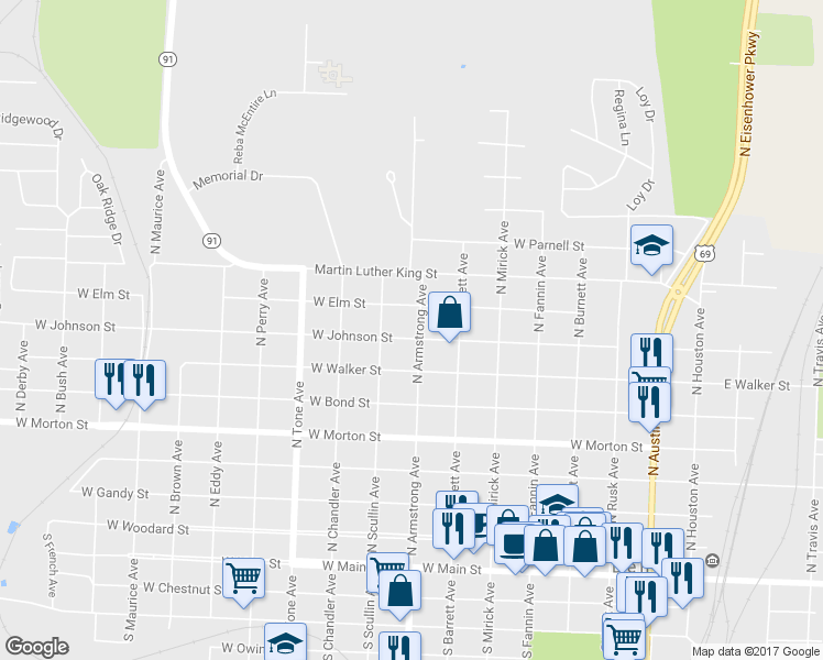 map of restaurants, bars, coffee shops, grocery stores, and more near 803 West Johnson Street in Denison