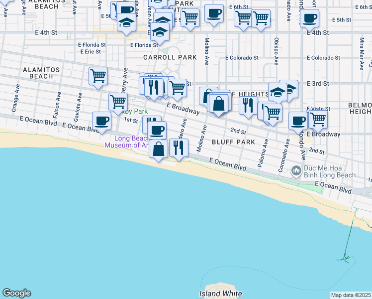 map of restaurants, bars, coffee shops, grocery stores, and more near 2525 East Ocean Boulevard in Long Beach