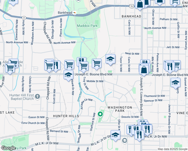 map of restaurants, bars, coffee shops, grocery stores, and more near 1162 Joseph E. Boone Boulevard Northwest in Atlanta
