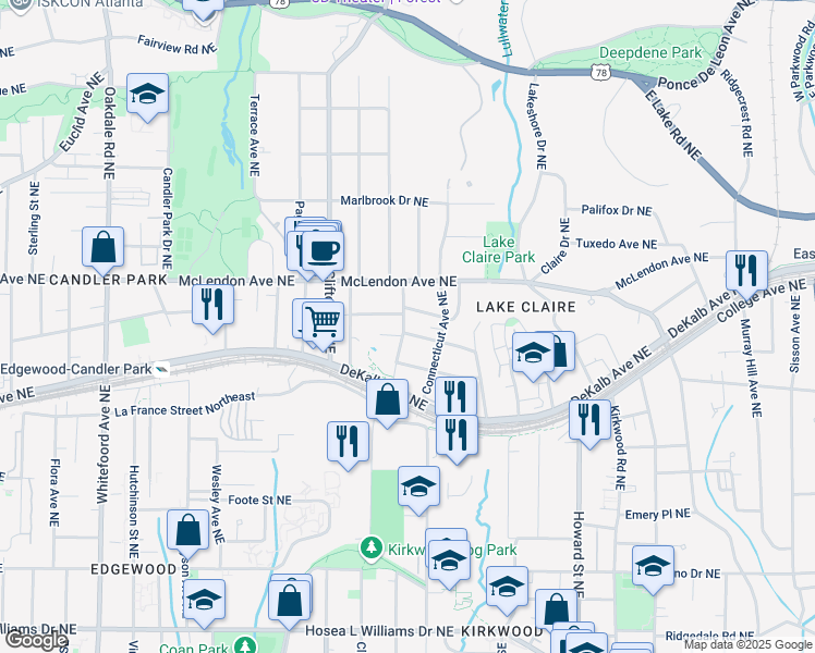 map of restaurants, bars, coffee shops, grocery stores, and more near 1760 Indiana Avenue Northeast in Atlanta