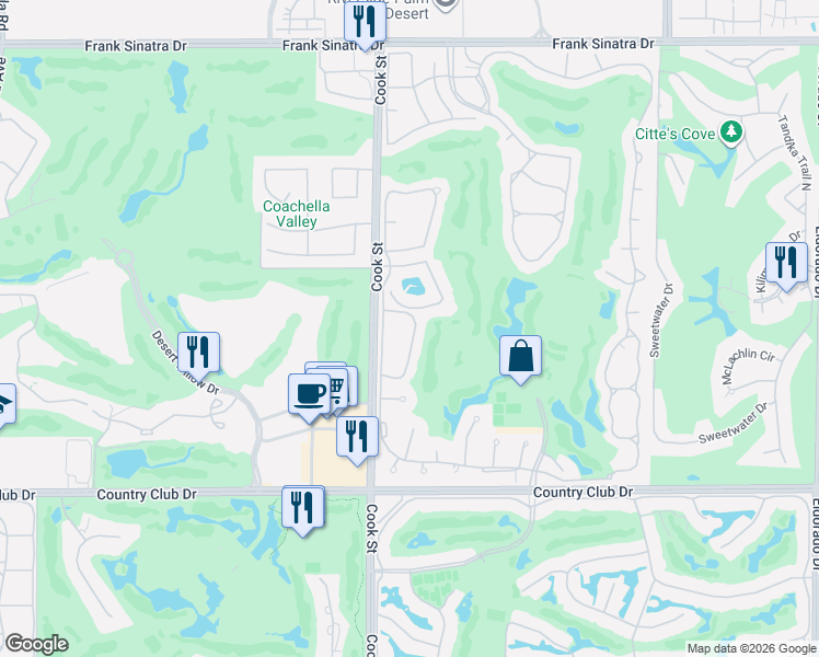 map of restaurants, bars, coffee shops, grocery stores, and more near 788 Montana Vista Drive in Palm Desert