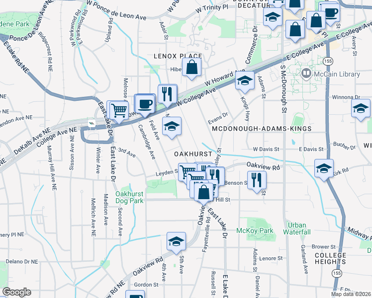 map of restaurants, bars, coffee shops, grocery stores, and more near 205 Olympic Place in Decatur