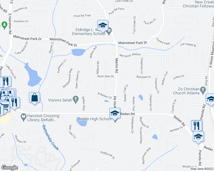 map of restaurants, bars, coffee shops, grocery stores, and more near 1051 South Millard Way in Stone Mountain