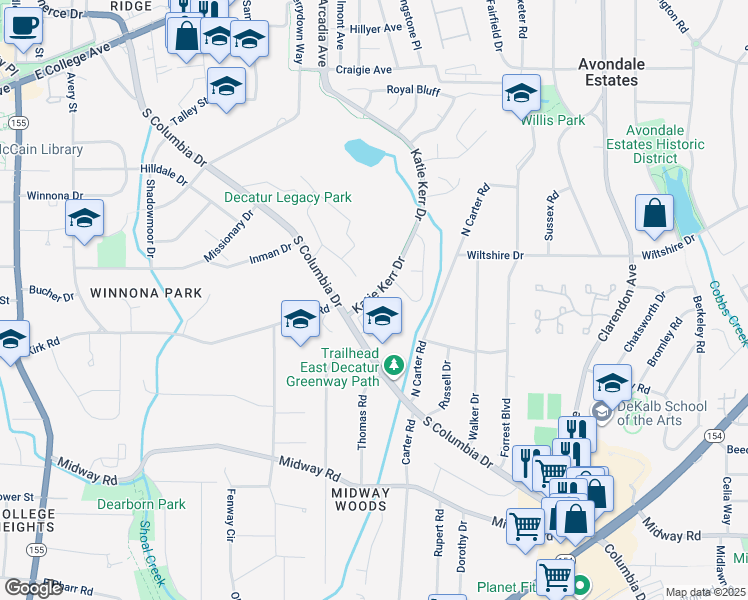 map of restaurants, bars, coffee shops, grocery stores, and more near 1007 Katie Kerr Drive in Decatur