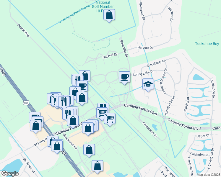 map of restaurants, bars, coffee shops, grocery stores, and more near 300 Wappoo Creek Rd in Myrtle Beach