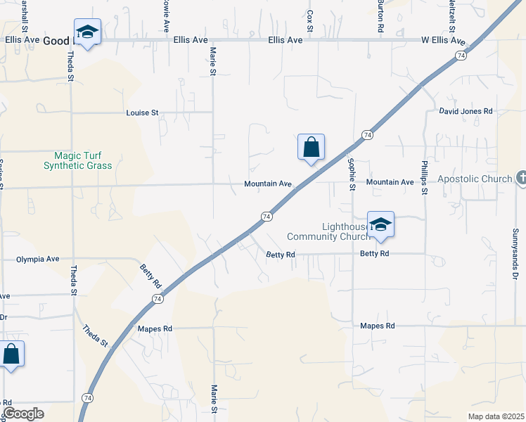map of restaurants, bars, coffee shops, grocery stores, and more near 24603 California 74 in Perris