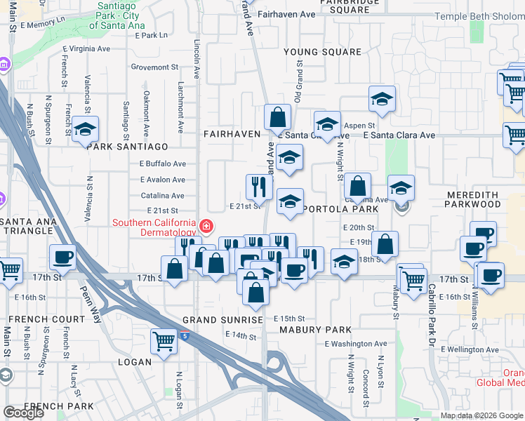 map of restaurants, bars, coffee shops, grocery stores, and more near 109 East 21st Street in Santa Ana