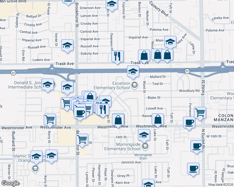map of restaurants, bars, coffee shops, grocery stores, and more near 10311 Woodbury Road in Garden Grove