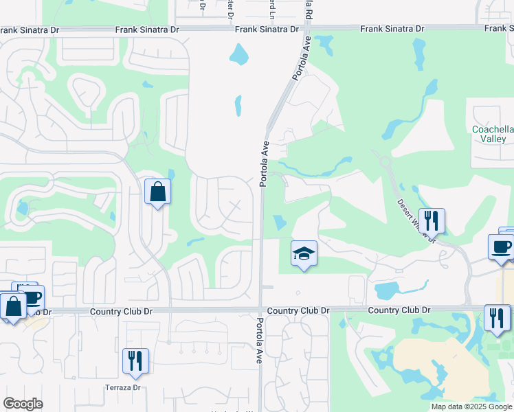 map of restaurants, bars, coffee shops, grocery stores, and more near 39260 Desert Greens Drive East in Palm Desert