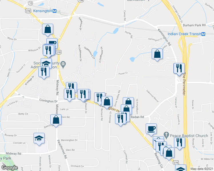 map of restaurants, bars, coffee shops, grocery stores, and more near 3557 Dove Valley Way in Decatur